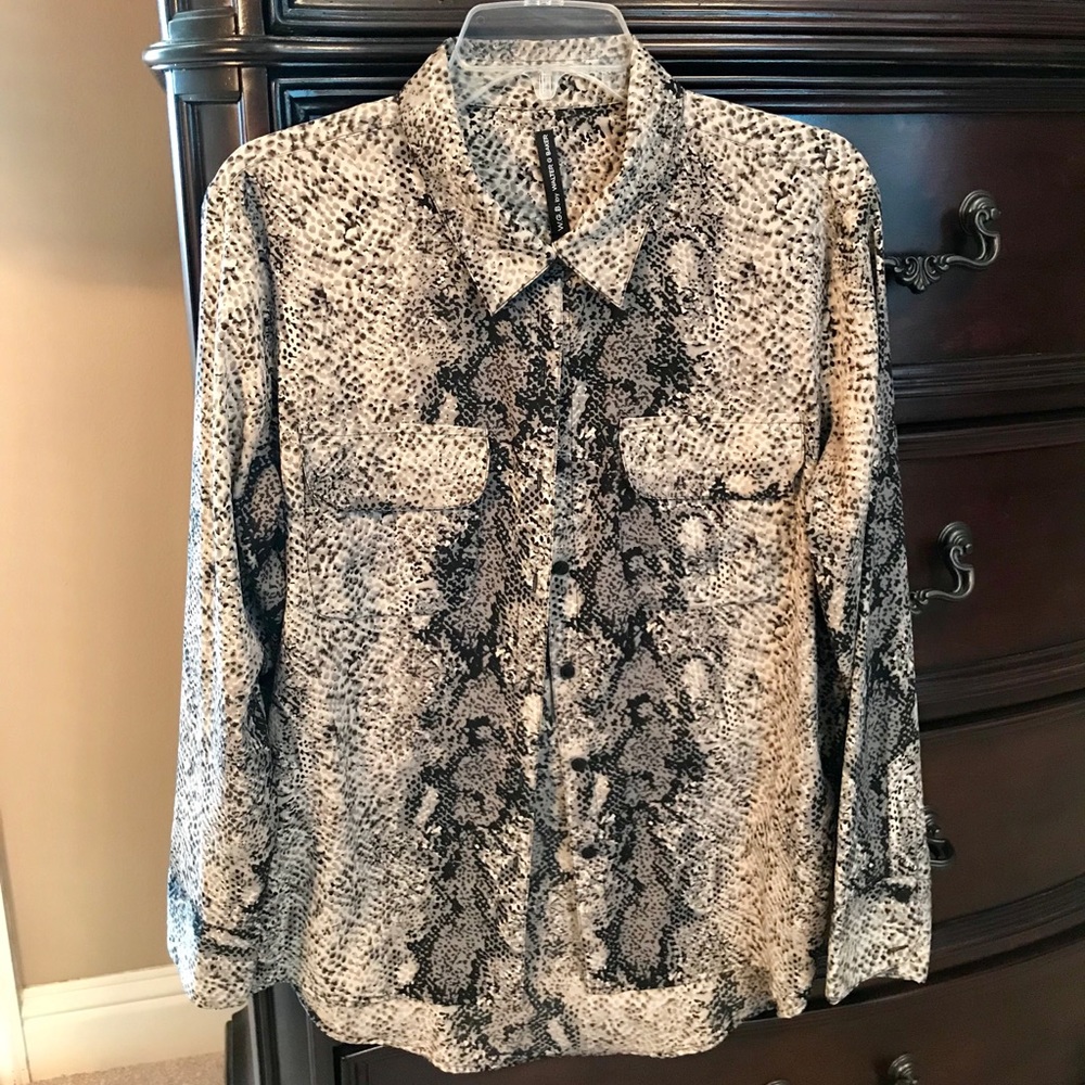 Gray, cream, black snake print blouse.